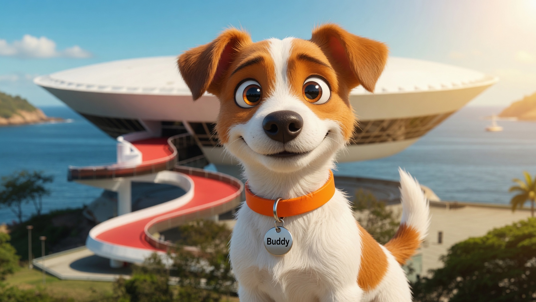 Buddy, o mascote da PetNit, em frente ao MAC de Niterói